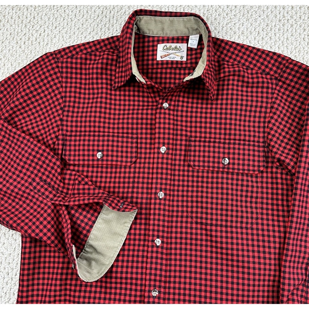 Vtg Cabelas Flannel Shirt Mens M Red Black Gingham Button Up Long Sleeve USA